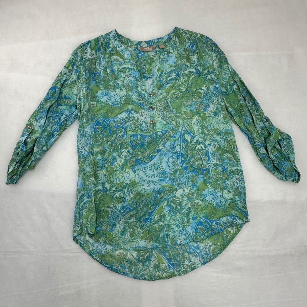 Coral Bay Petite Green Blue‎ Paisley Roll Tab Sleeve Blouse PM